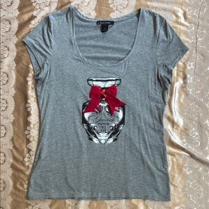 White House Black Market Gray Tee with Red Bow Detail